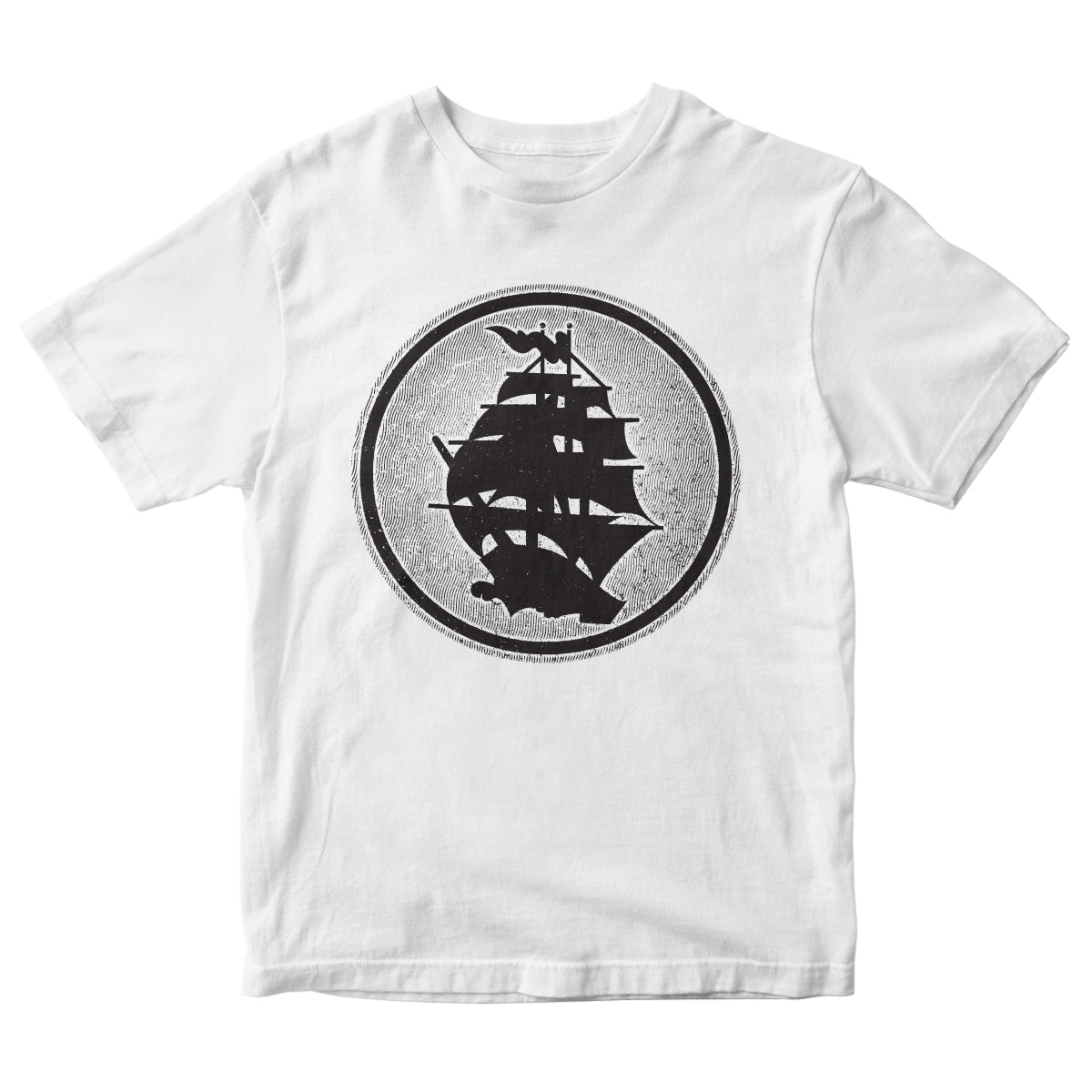 White t-shirt by Pirates Press Records featuring a large, circular black-and-gray graphic of an old-fashioned sailing ship—a classic Circle Logo design inspired by Pirates Press style.
