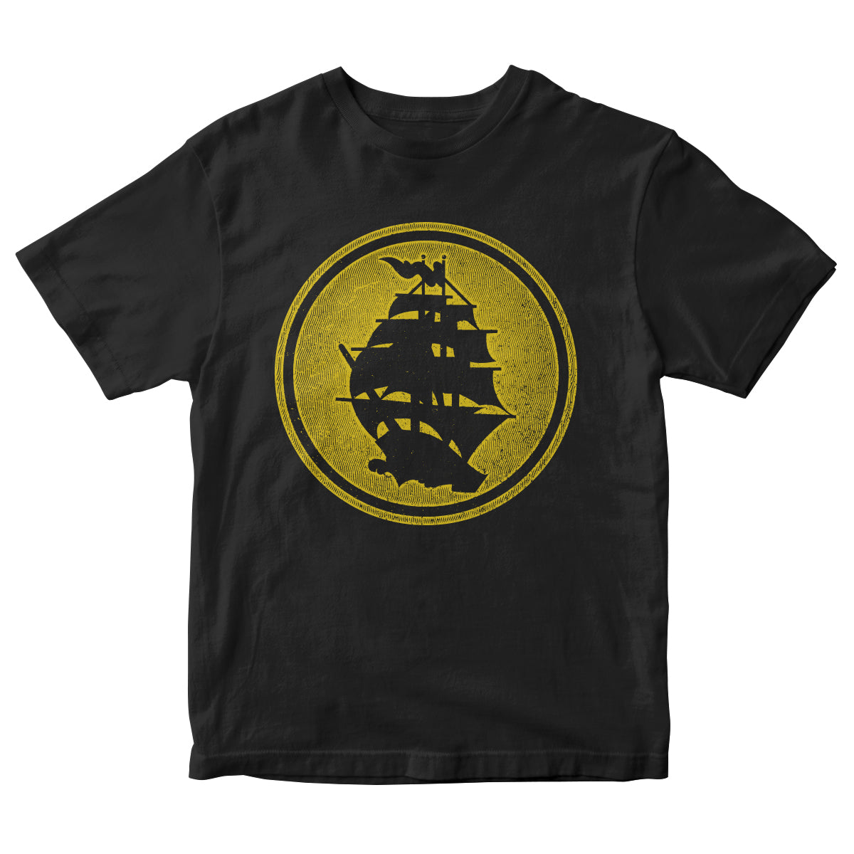 Pirates Press Records Black Circle Logo T-shirt features a yellow, distressed ship emblem at the center silhouette. Printed on premium Next Level shirts for top comfort and style.