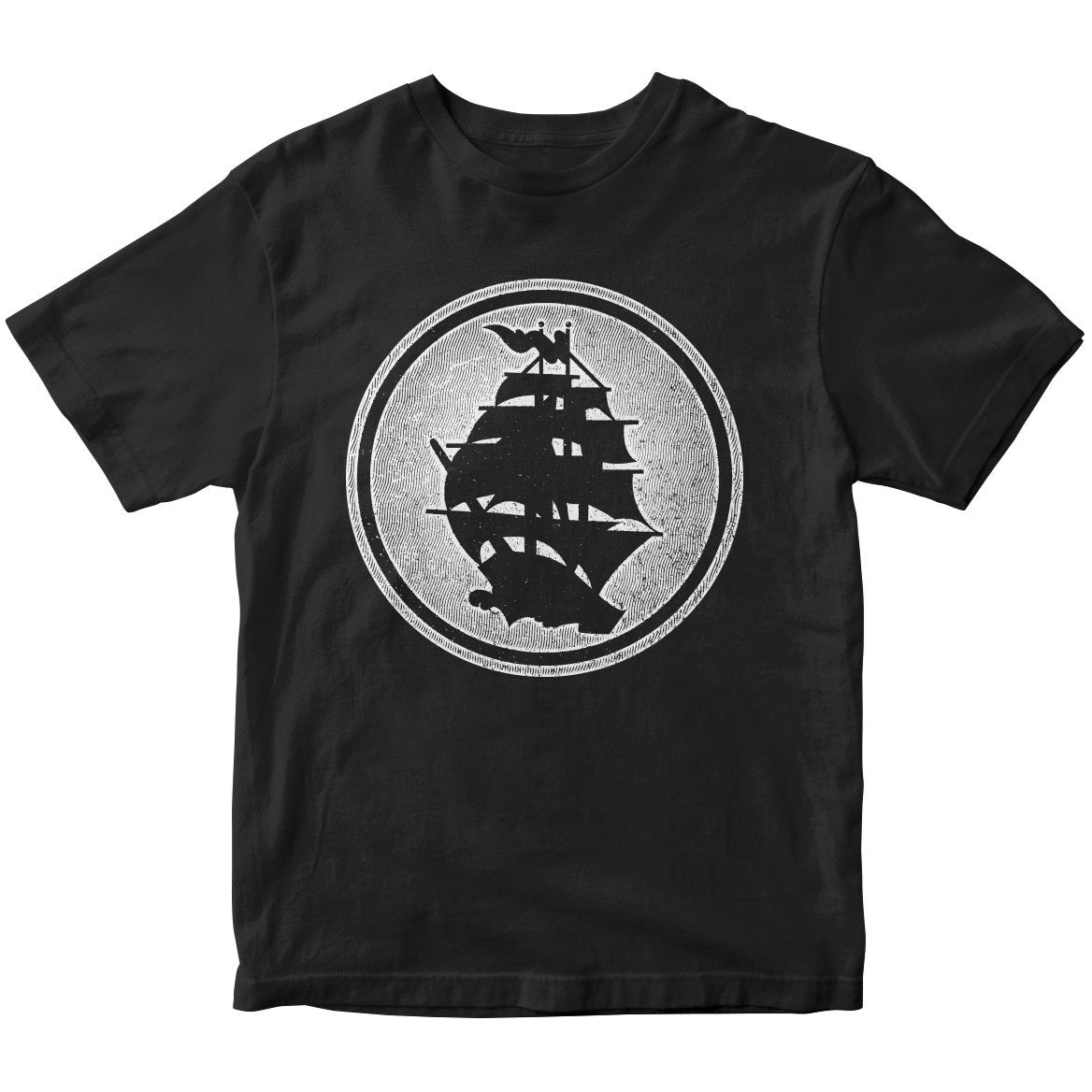 Pirates Press Records t-shirt featuring a striking circle logo with a classic sailing ship silhouette at the center, set against a distressed gray background.