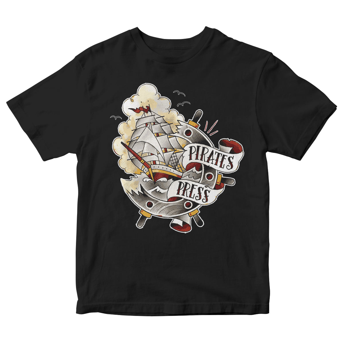 Black Gildan Softstyle T-shirt from Pirates Press Records featuring a colorful tattoo-style pirate ship with sails, clouds, birds, and a PIRATES PRESS banner wrapped around the ship.