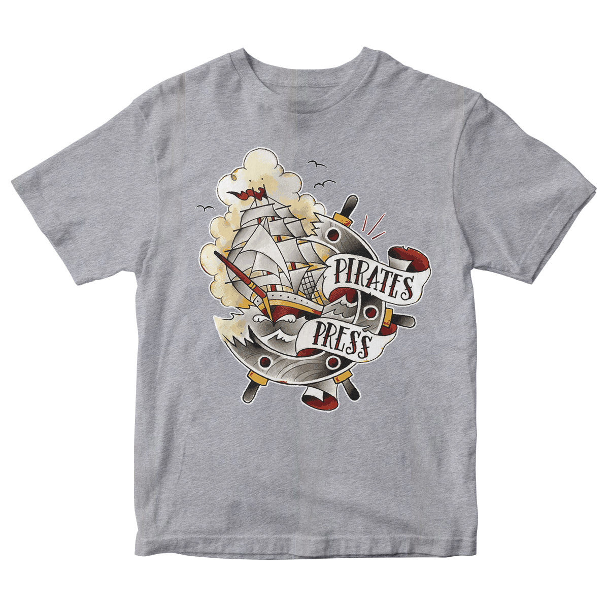 Pirates Press Records T-shirt with a full color tattoo ship, smoke clouds, cannonballs, and “PIRATES PRESS” on a scroll. Printed on premium Next Level tees.