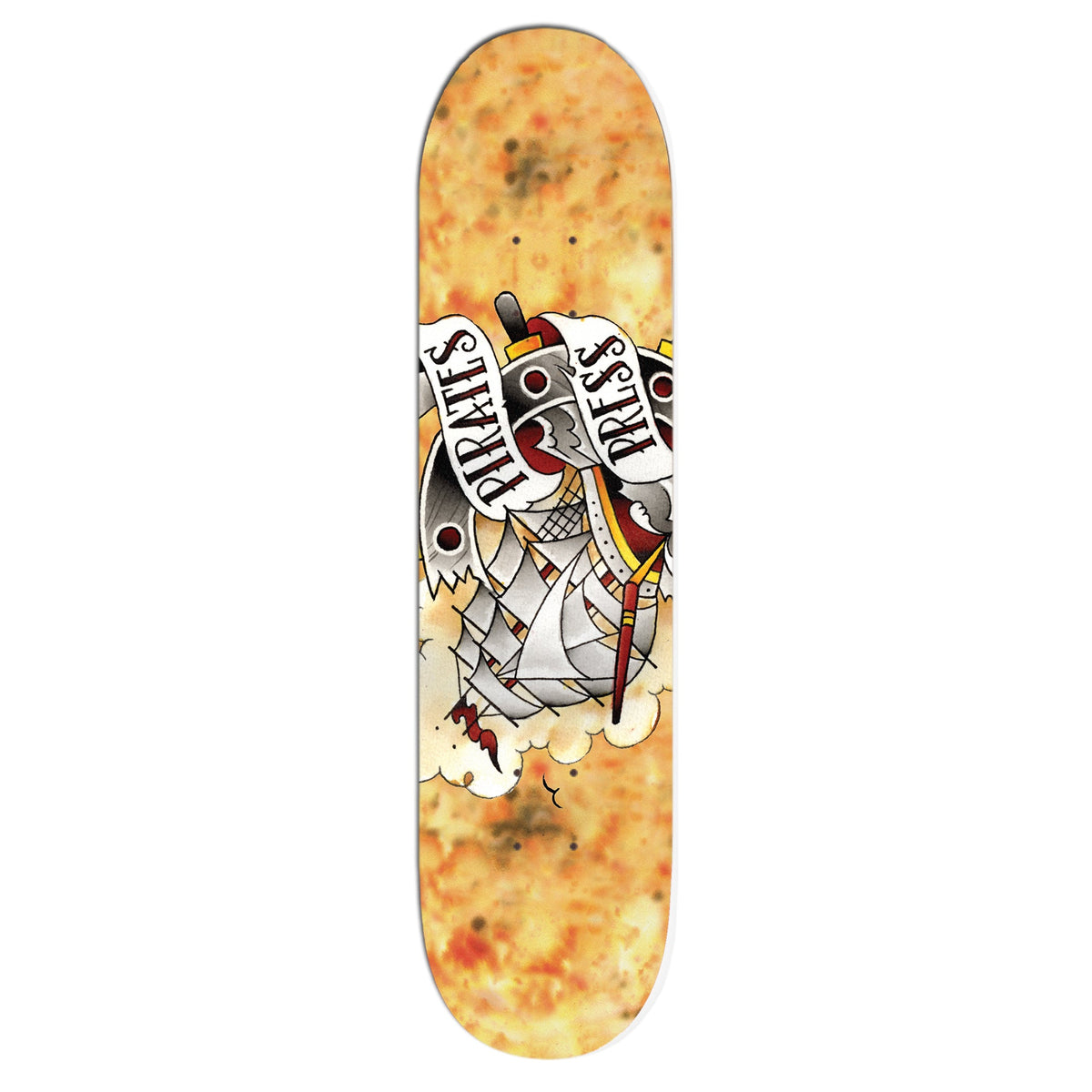 This maple skateboard deck from Pirates Press Records showcases a pirate ship graphic, two banners reading PIRATES and PRESS, and a fiery yellow-orange background—perfect for any Pirates Press Records fan.