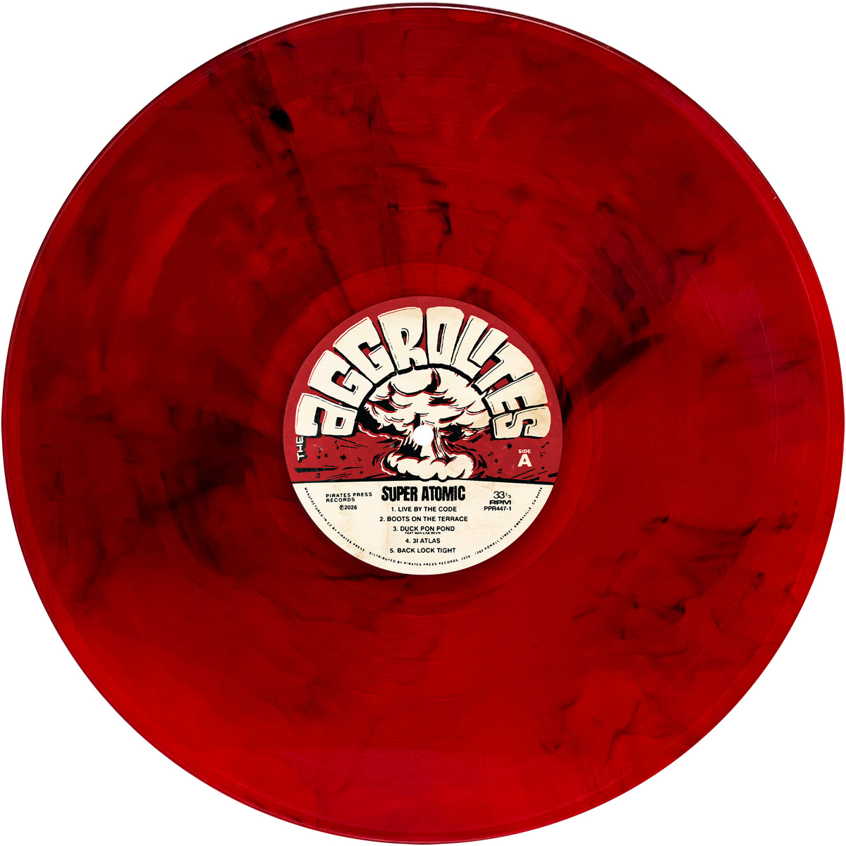 A red and black marbled vinyl record with a central label that reads AGGROLITES and Super Atomic. The label also lists tracks and features a lion-like illustration, perfectly capturing the Dirty Reggae style that defines the Aggrolites’ signature sound.