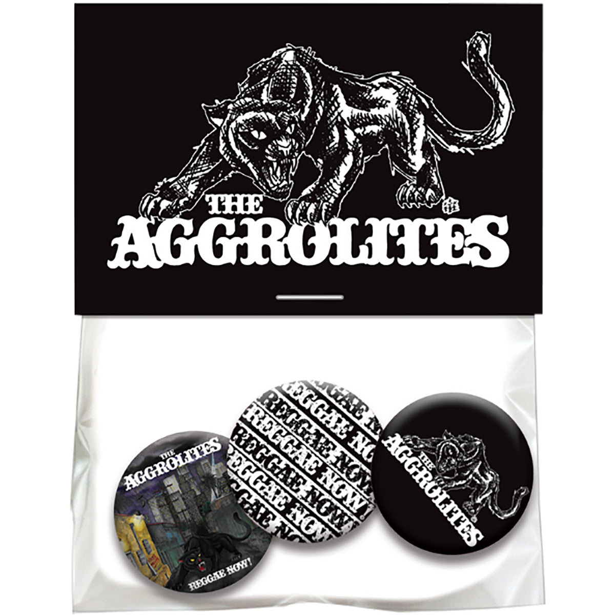 The Aggrolites 3-pack button set features 1-inch designs, including a snarling black cat logo. Packaged with a card displaying the same cat and bold band name in white on black—essential merch for fans.