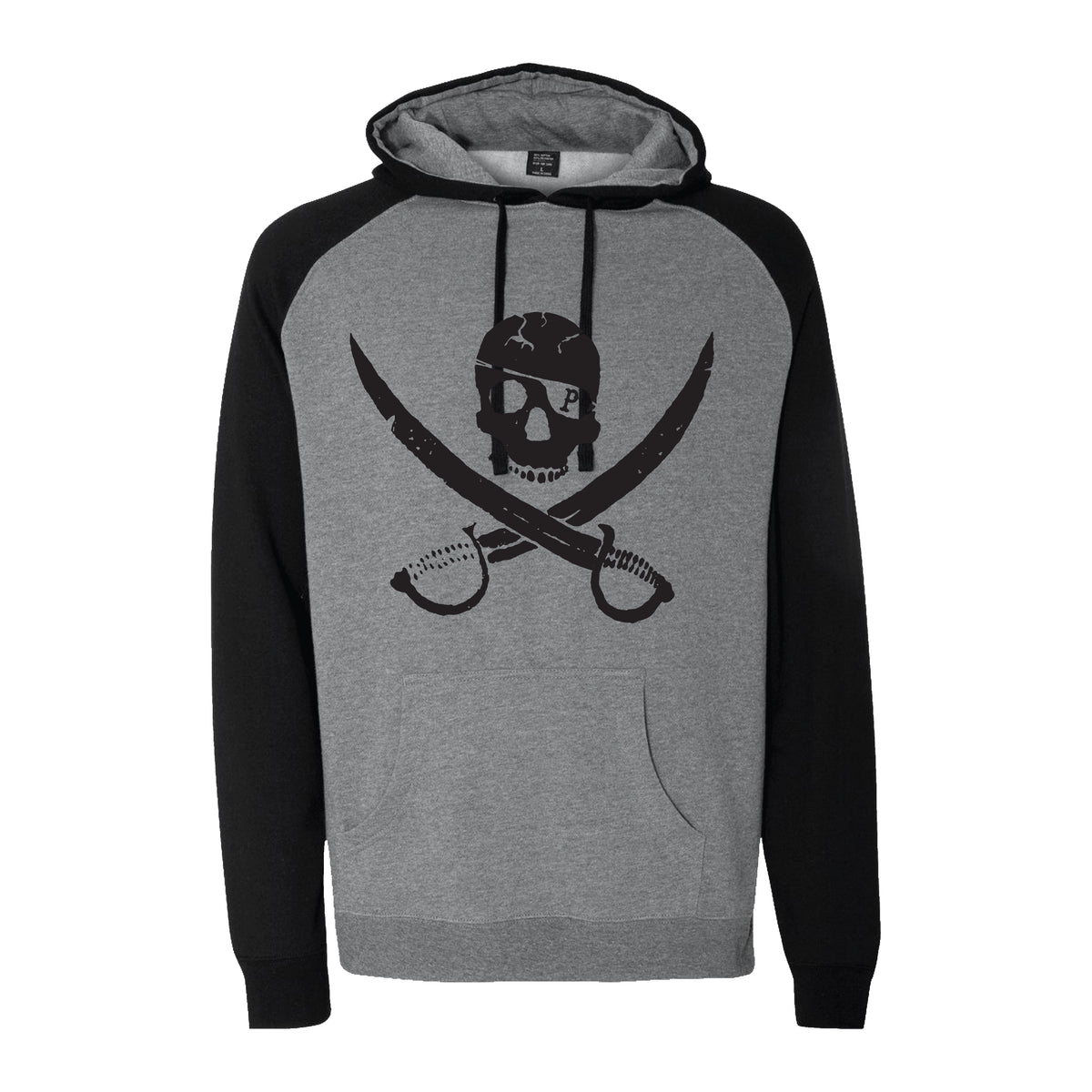 A gray and black unisex raglan sweatshirt from Pirates Press Records features a pirate skull and crossed swords graphic, front pouch pocket, drawstrings, and is ideal for fans of the brand.