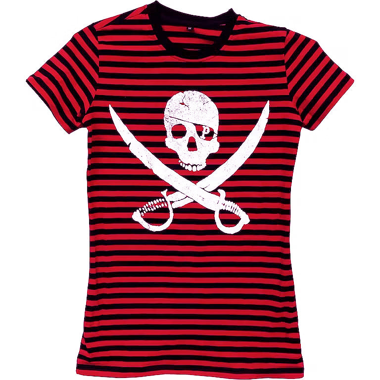 A short-sleeved, red and black striped Pirates Press Records t-shirt featuring a white skull and crossed swords graphic on the front.