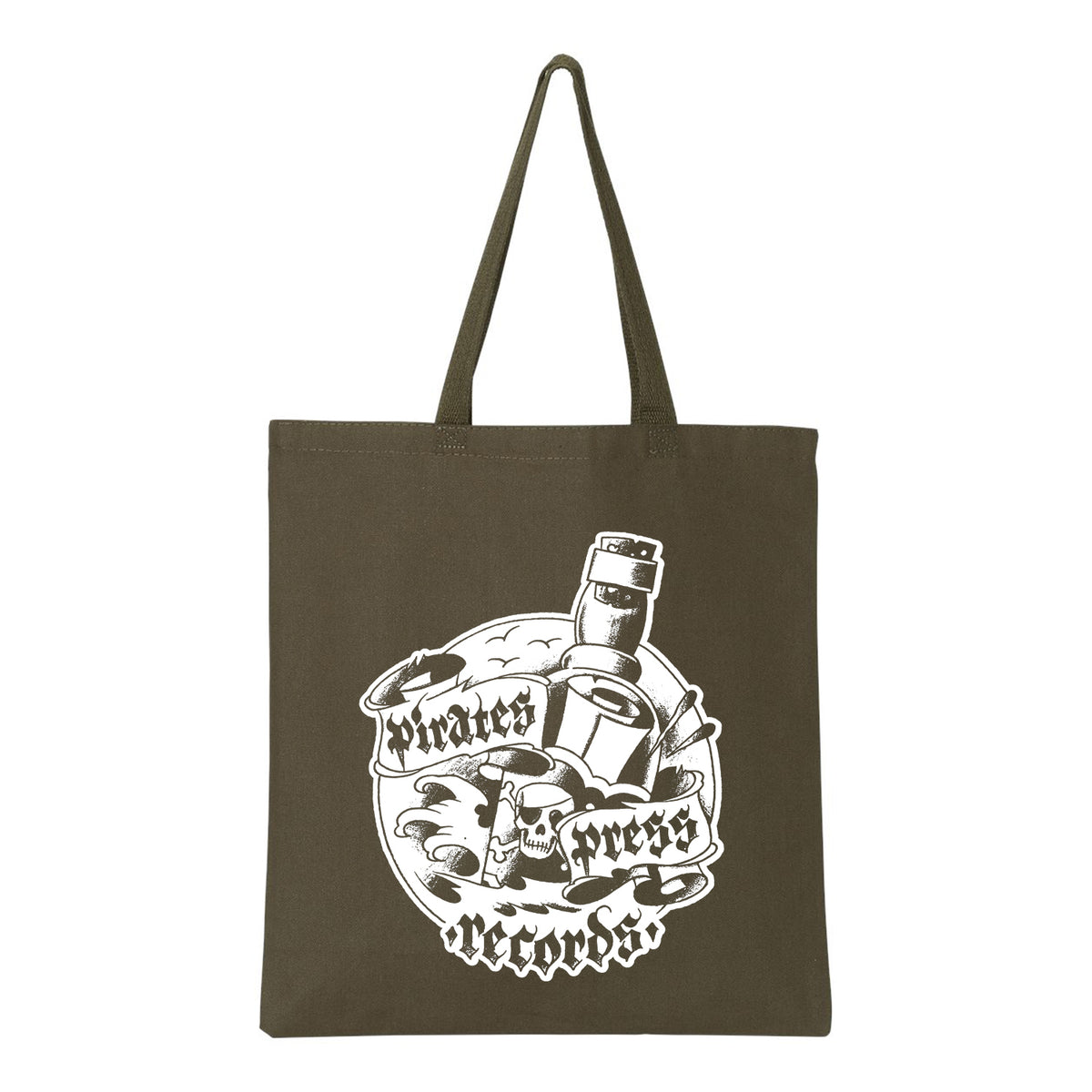 A heavy, dark brown cotton canvas tote bag by Pirates Press Records with a white graphic of a skull, bottle, vinyl record, and stylized Pirates Press Records text.