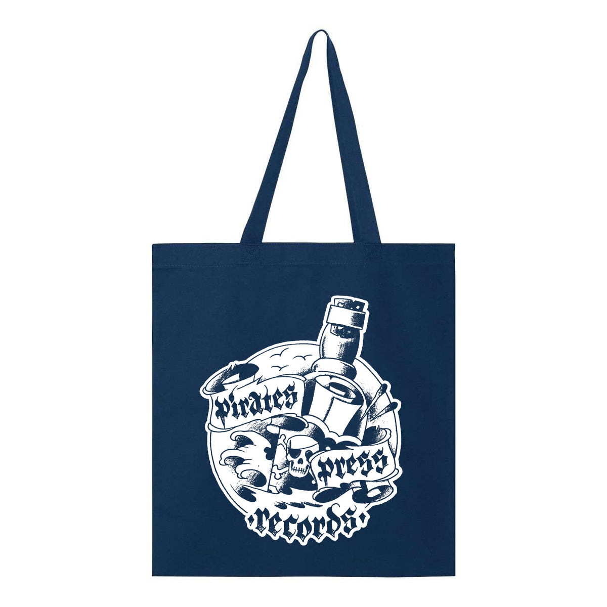 A navy blue tote bag from Pirates Press Records, featuring a white graphic with a skull, records, a bottle, clouds, and stylized “Pirates Press Records” text across the design.