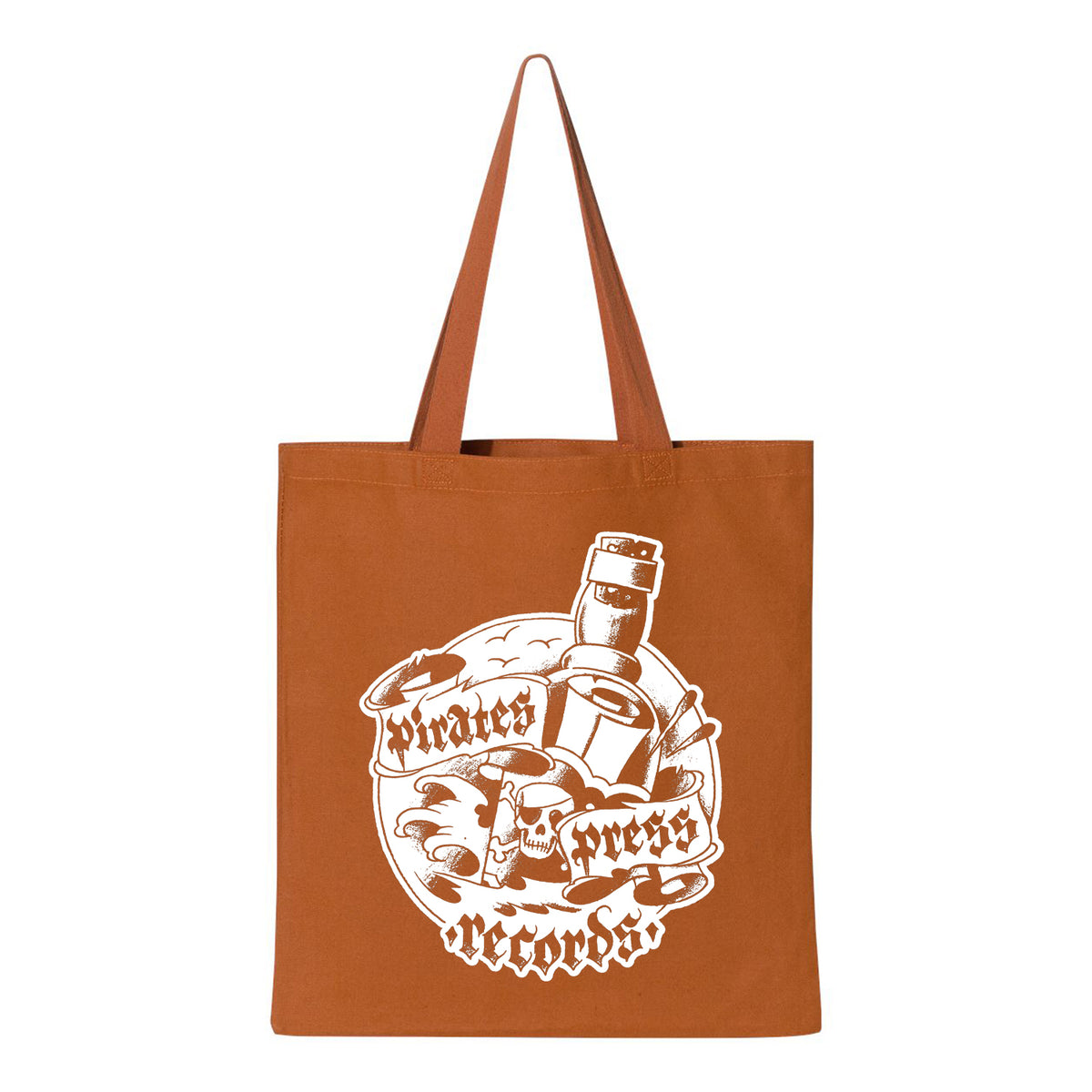 This rust-colored heavy cotton canvas tote from Pirates Press Records features two handles and a white graphic with a skull, record, beer can, and the text Pirates Press Records.