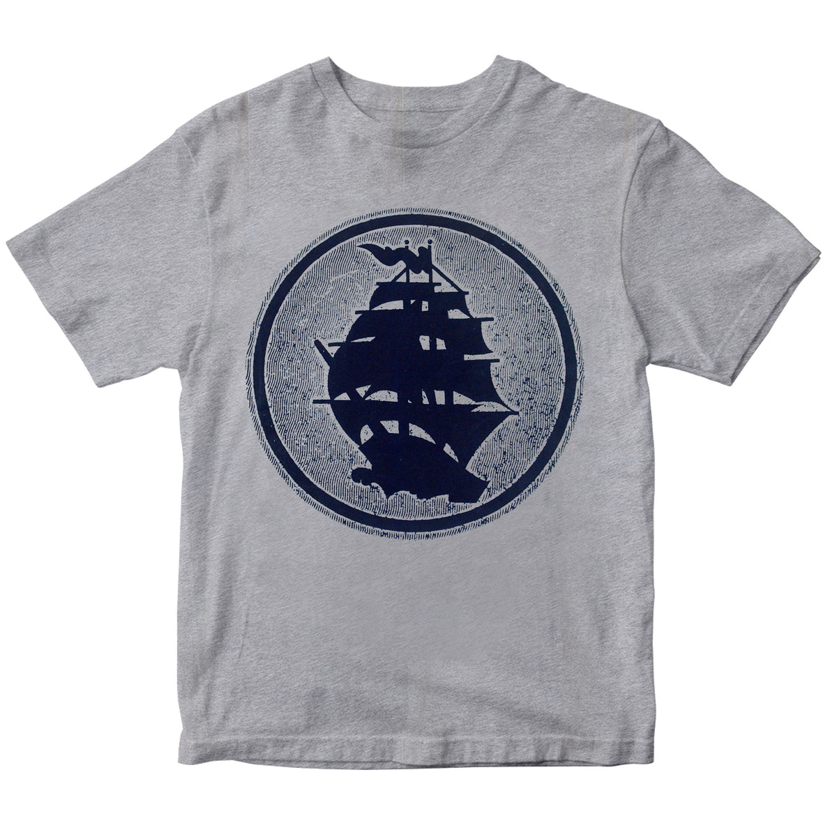 A gray Next Level T-shirt from Pirates Press Records features a large dark blue sailing ship logo with tall masts and sails in the center of the chest—perfect for fans.