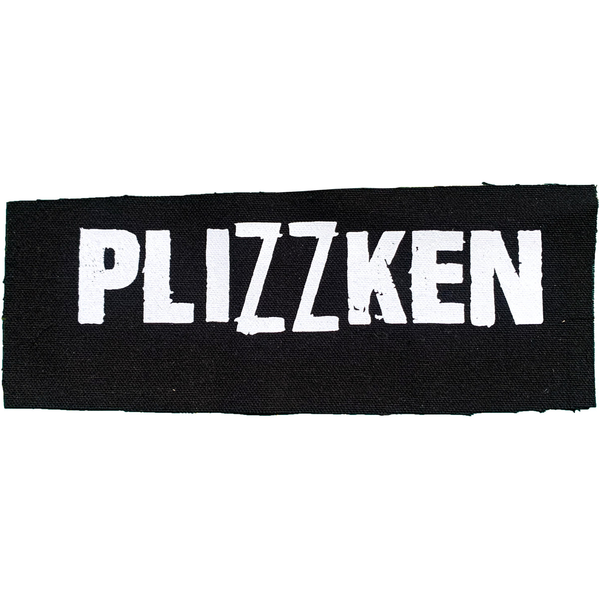 A black cloth patch by Plizzken, featuring their logo and PLIZZKEN screenprinted in bold, distressed white capital letters.