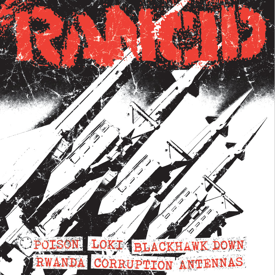 The album cover displays Rancid in distressed red text over black-and-white missiles, with tracks Poison, Loki, Blackhawk Down, Rwanda, Corruption, and Antennas listed below on classic black vinyl-inspired artwork. Brand: Rancid.