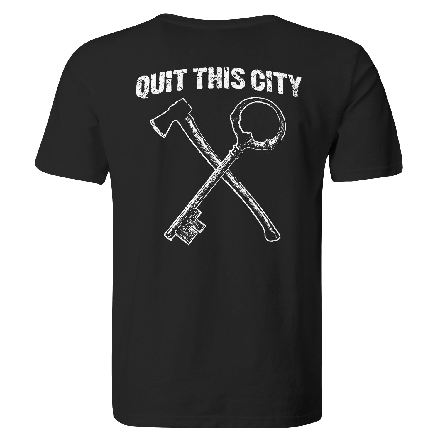 Territories shirt with white QUIT THIS CITY text above a large crossed key and axe graphic on the back, printed on a comfortable Next Level 3600 T-shirt.