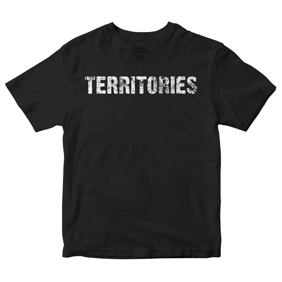 A black Territories shirt with TERRITORIES in bold, distressed white print across the chest on a soft Next Level 3600 tee.