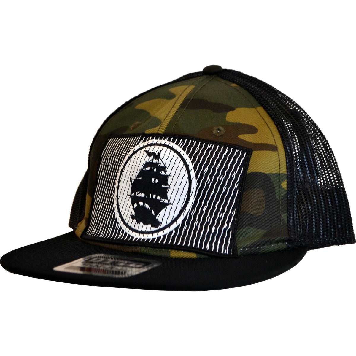 Show your Pirates Press Records pride with this camo mesh snapback trucker hat, featuring a black bill and a front patch with a ship silhouette in a white circle on black and white stripes—ideal for Rock The Ship fans.