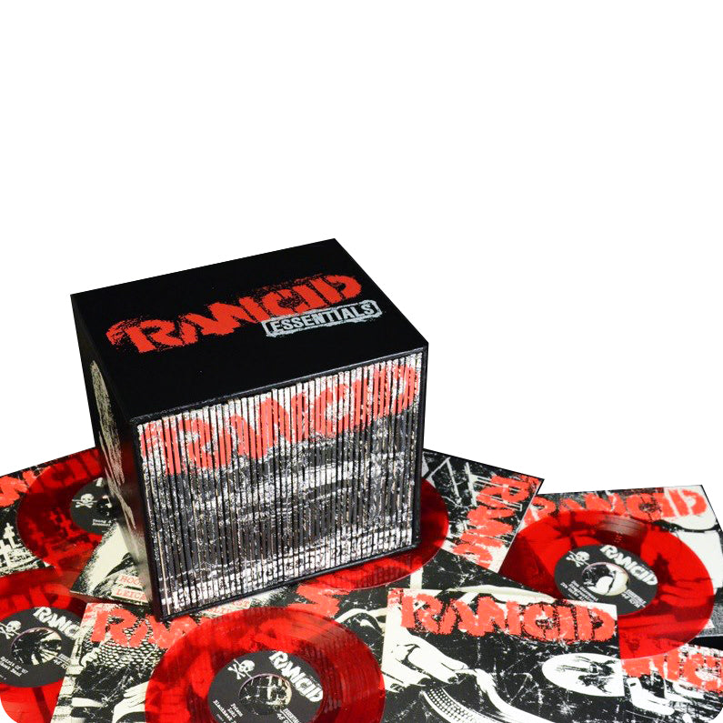 A 20th anniversary Rancid box set is shown surrounded by multiple red and black splatter-patterned remastered vinyl records and album covers, all featuring punk-themed artwork.