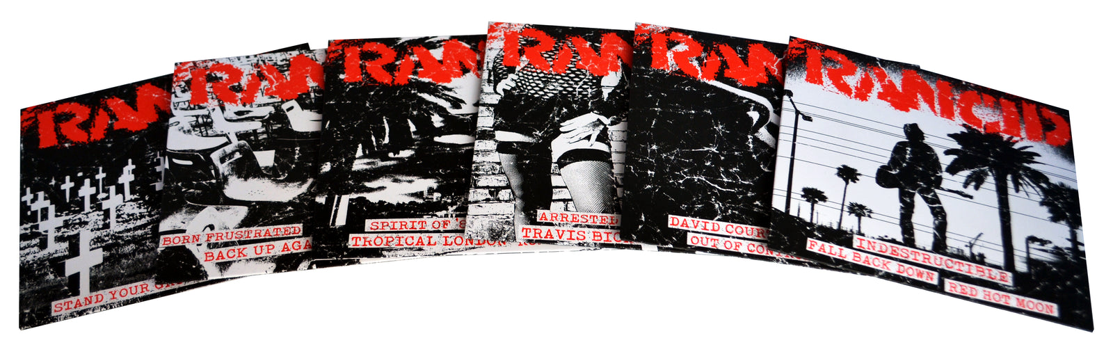 Five punk-themed Rancid postcards with bold red text showcase black-and-white band photos, song titles, and member names in a fan layout. Includes a collectible leather obi-strip, perfect for fans of the re-mastered album.