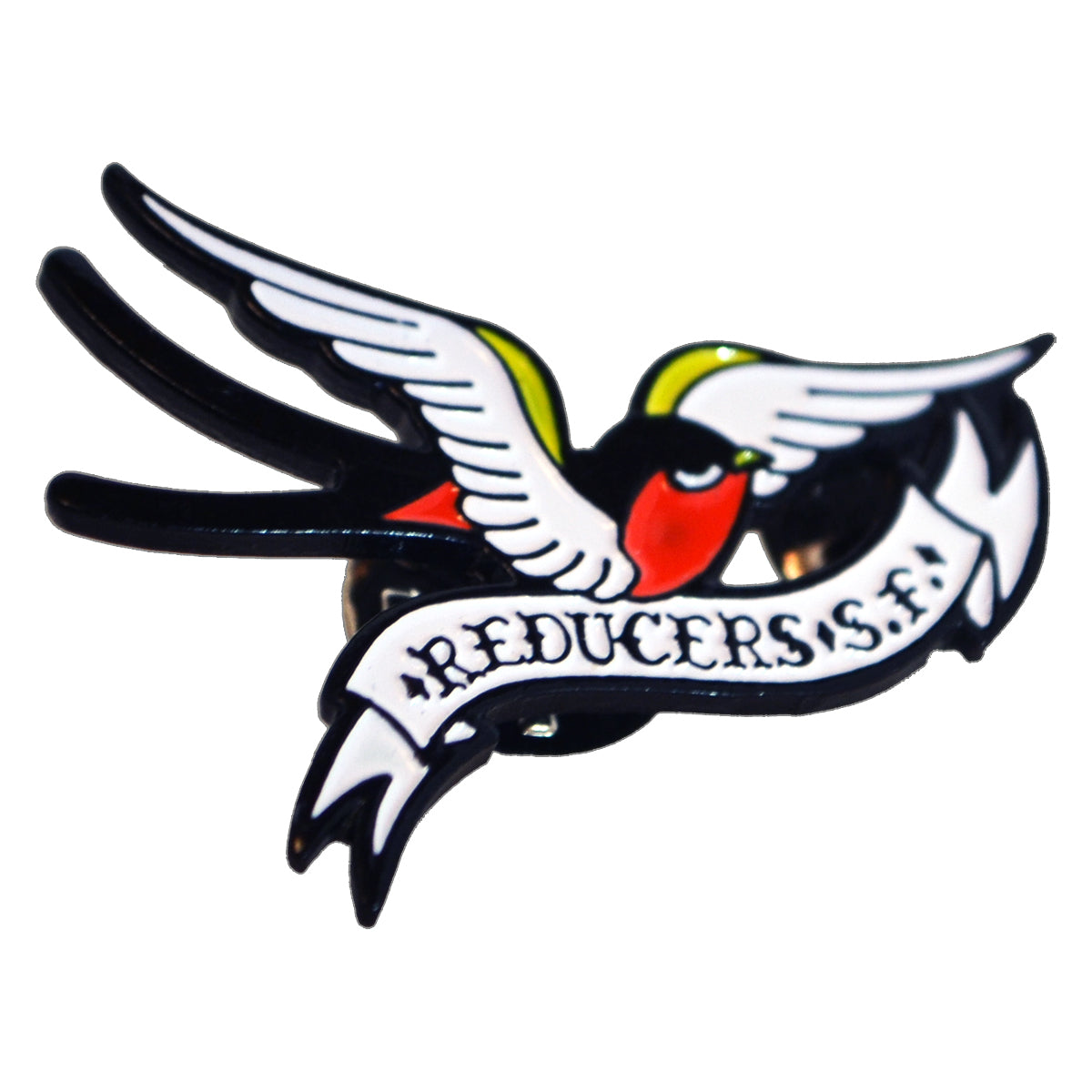 This 1.5 enamel pin by Reducers S.F features a stylized swallow with red and yellow accents, clutching a banner that reads REDUCERS S.F.—a must-have Bird Logo pin for any collector.