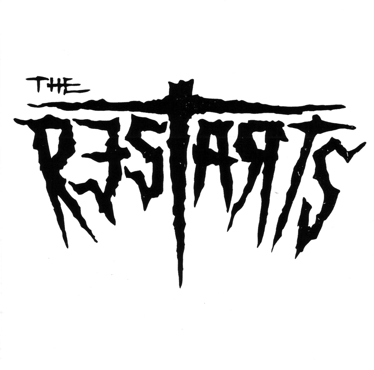The Restarts logo features black, jagged handwritten text on a white background, with sharp, uneven strokes for a punk, graffiti-inspired look—ideal for an eye-catching vinyl sticker.