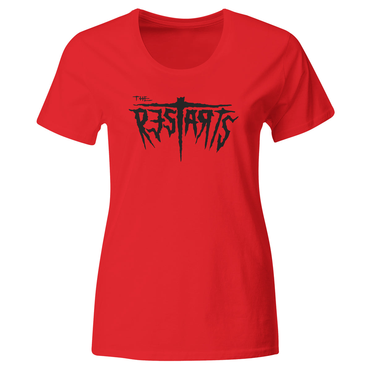 A red fitted T-shirt by The Restarts with their bold, jagged black logo across the chest, printed on a premium Next Level 3900 tee for comfort and style.