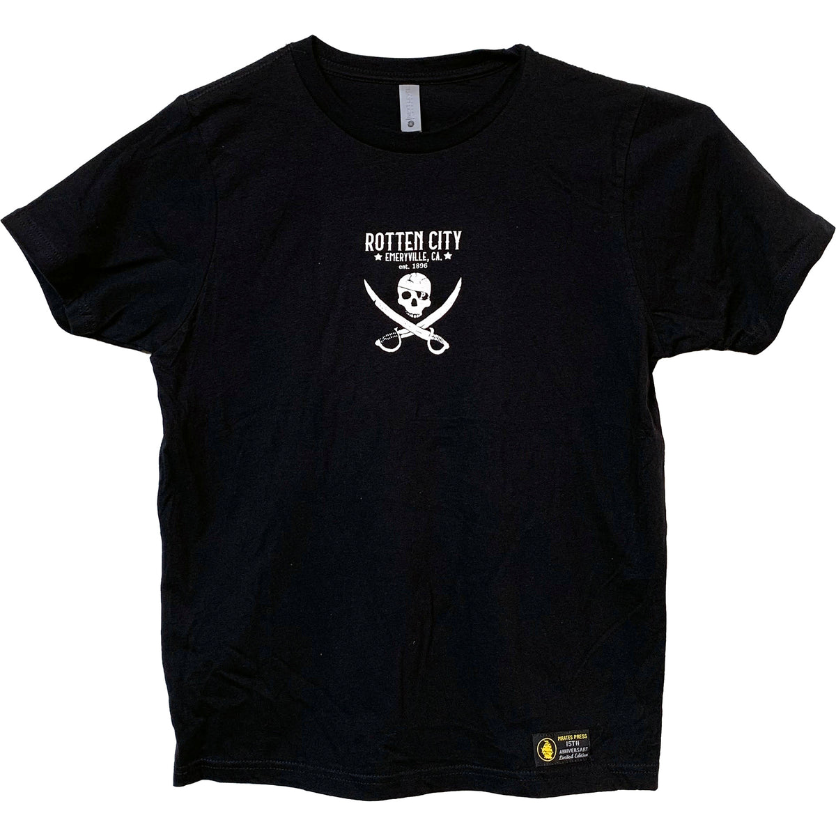 Pirates Press Records toddler T-shirt with a white skull and crossbones, crossed swords, and “ROTTEN CITY EMERYVILLE, CA” above the graphic—ideal for celebrating the 15th anniversary in style.