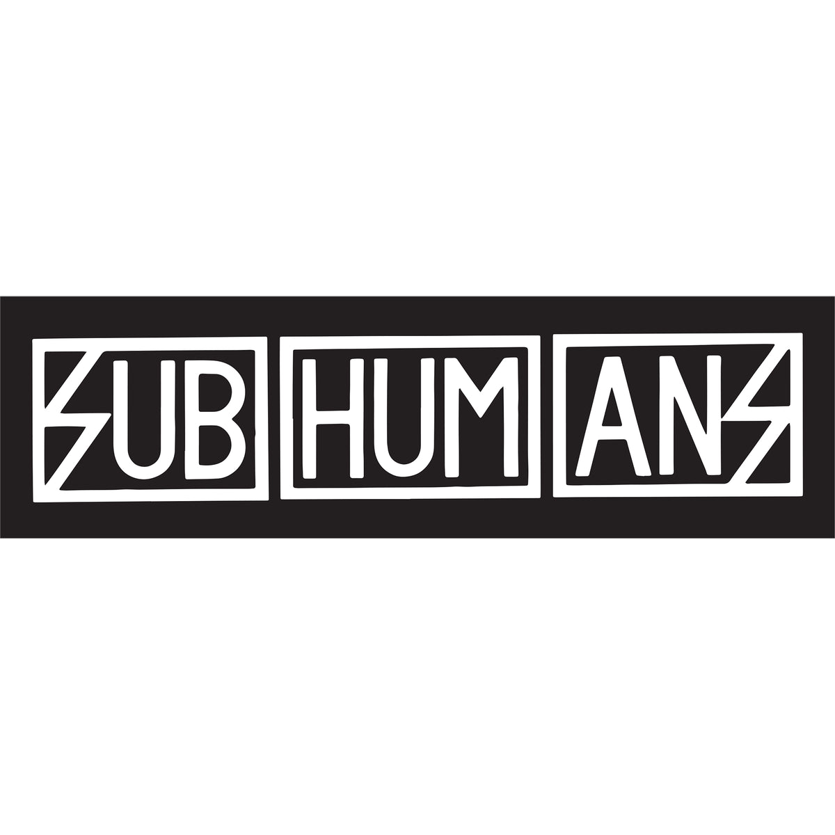 The Subhumans logo bumper sticker features the band name split into three bold, angular boxes—SUB, HUM, ANS—in striking black and white. Ideal for showing your support on any surface!.