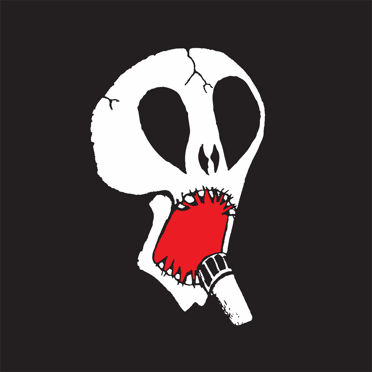A white cracked Skull Logo with large black eye sockets and a wide red mouth bites a gray mic on black—perfect as a bold Subhumans vinyl sticker. Brand: Subhumans.