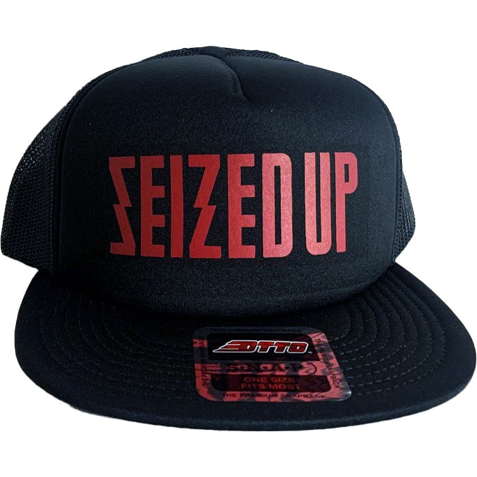 A black Seized Up Otto Snapback mesh hat featuring the band’s bold red logo on the front, a brim sticker, and subtle Sobriety Hurts details for an edgy look.