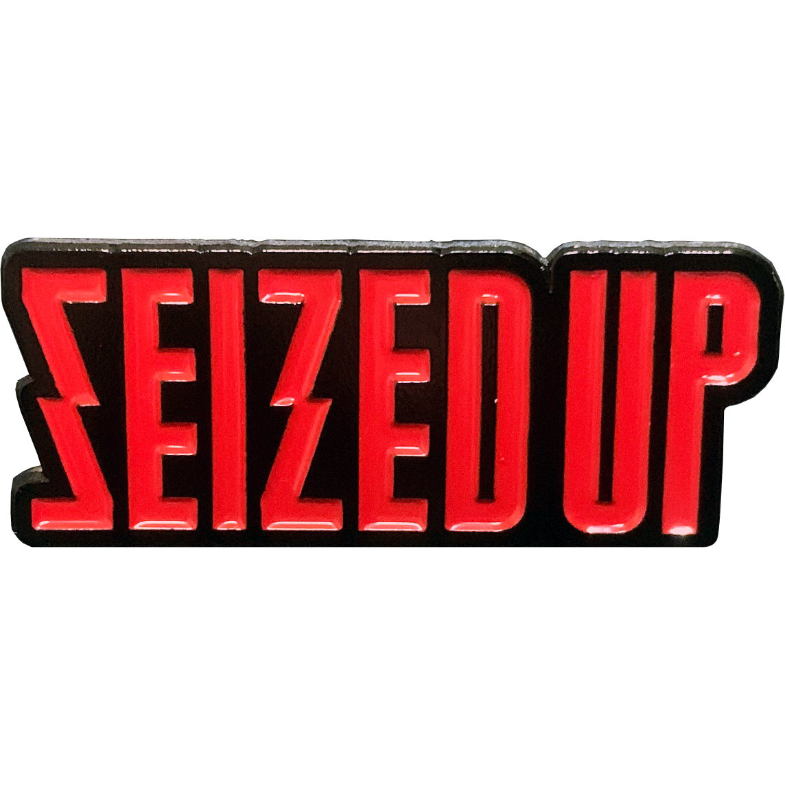 A bold black enamel pin by Seized Up featuring “SEIZED UP” in bright red, all-caps stylized font—perfect for fans wanting a striking accent on jackets or bags.