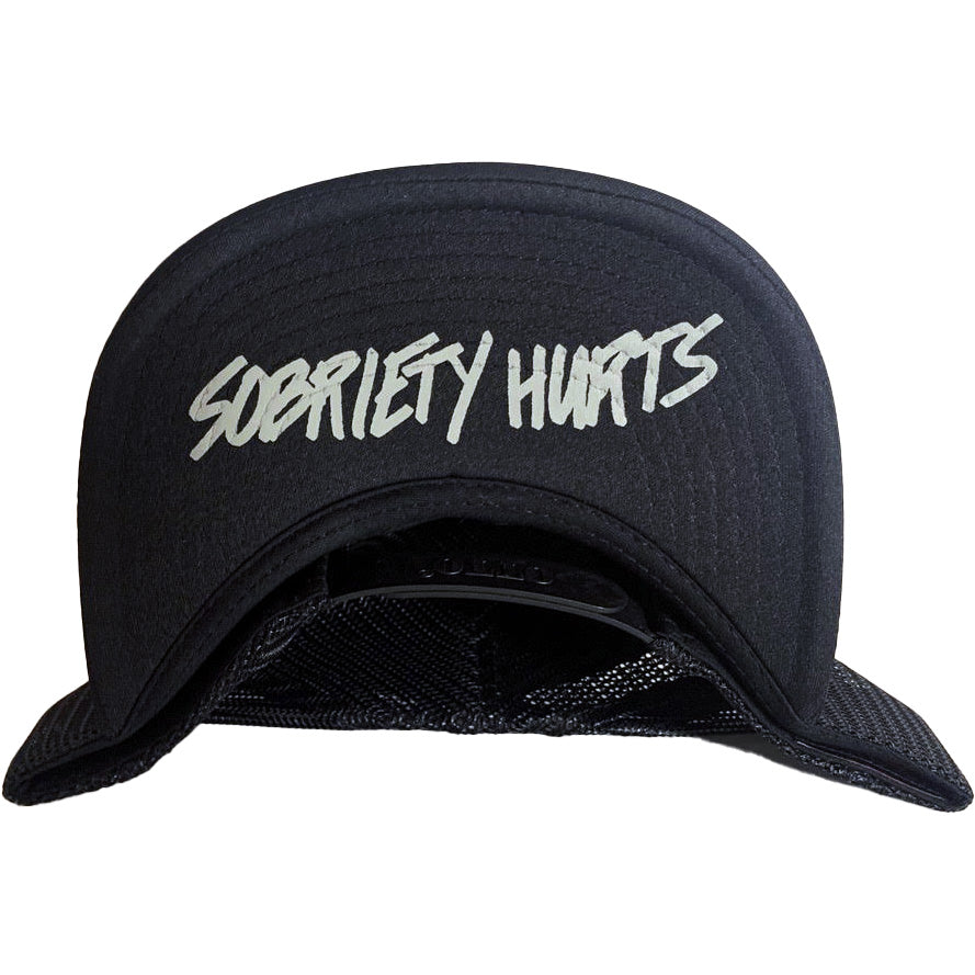 A black Seized Up Otto Snapback mesh trucker hat featuring SOBRIETY HURTS in bold, white, handwritten-style letters across the front—a statement logo accessory.