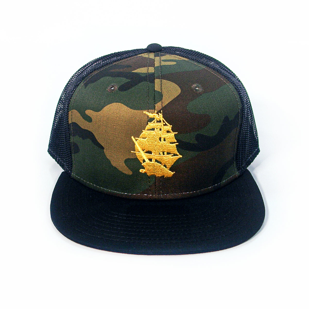A Pirates Press Records camouflage snapback cap with a black mesh back and brim, featuring a gold embroidered sailing ship on the front panel.
