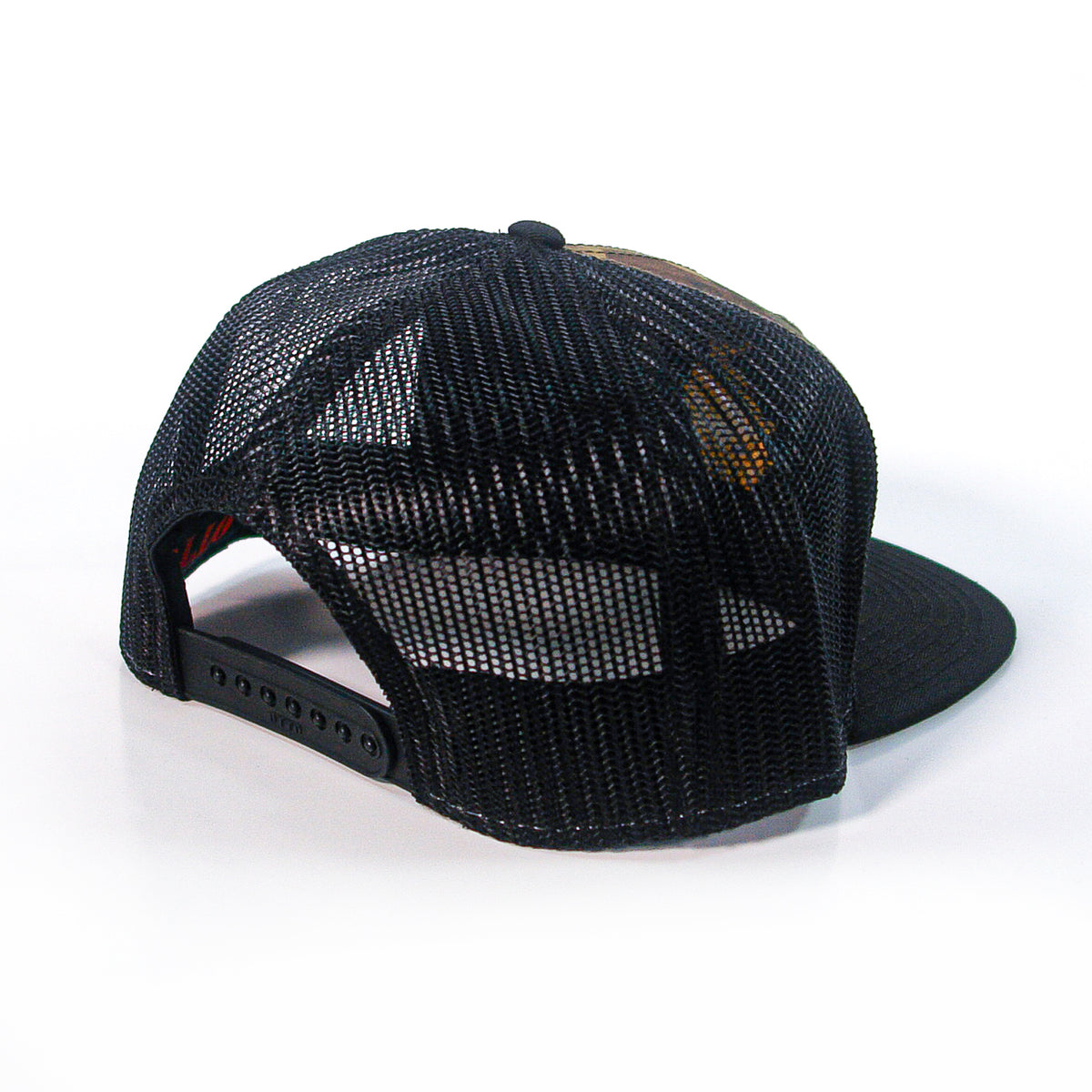 A Pirates Press Records black mesh trucker cap viewed from the back, featuring an adjustable snapback closure and a curved brim, photographed on a white background.