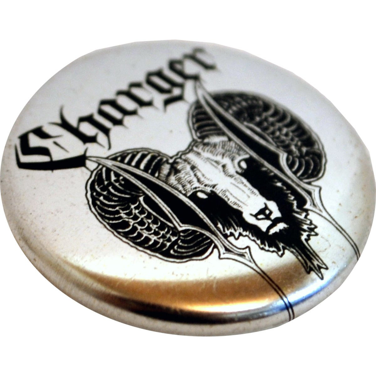 A round metallic button from Charger featuring a ram&#39;s head with large curved horns and &quot;Charger&quot; in gothic-style text above.