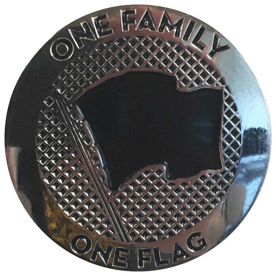 A round metallic lapel pin by Pirates Press Records, featuring a waving flag silhouette at the center with &quot;ONE FAMILY&quot; engraved on top and &quot;ONE FLAG&quot; on the bottom edge.