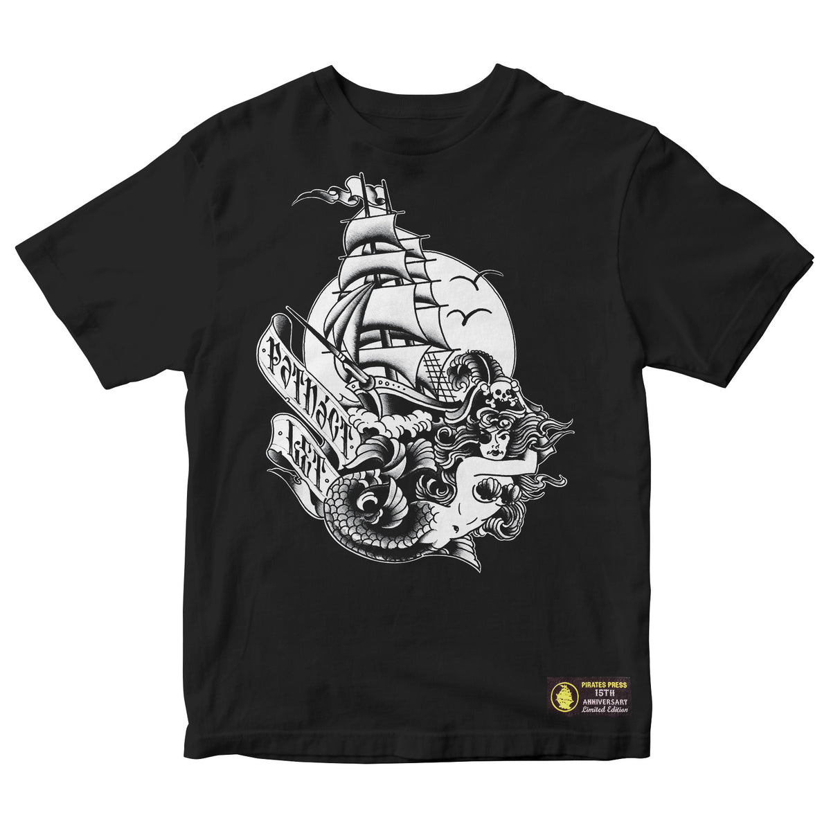 Limited edition black t-shirt by Pirates Press Records for Rock the Ship Festival, celebrating their 15th Anniversary. Features a white sailing ship graphic, PIRATE BAY banner, waves, sea serpent, and logo near the hem.
