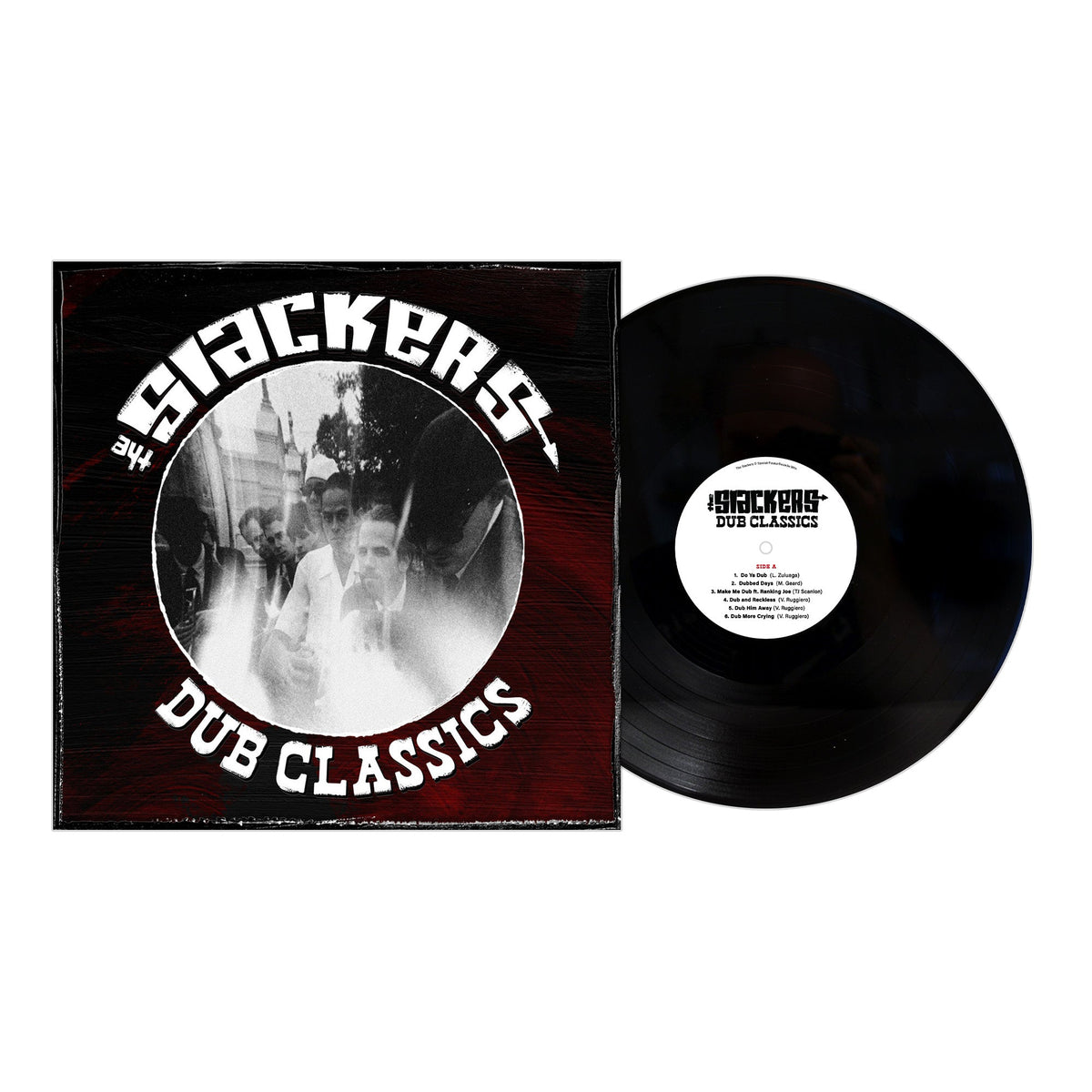 A vinyl record and sleeve for The Slackers Dub Classics, featuring a black-and-white band photo and bold stylized text on a dark background that embodies ska and reggae-inspired dub music. Brand: The Slackers.