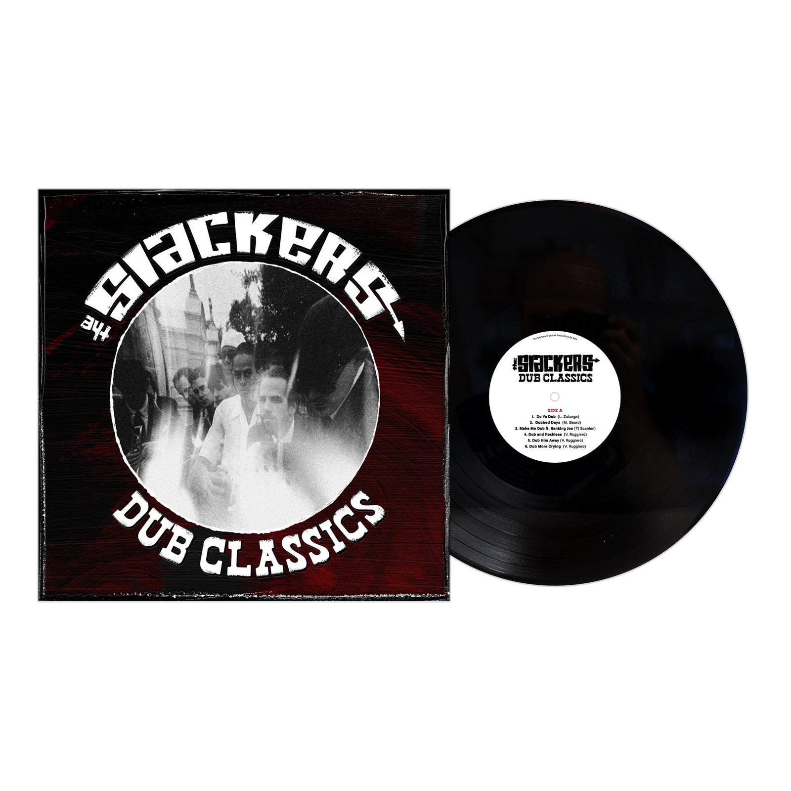 A vinyl record and sleeve for The Slackers Dub Classics, featuring a black-and-white band photo and bold stylized text on a dark background that embodies ska and reggae-inspired dub music. Brand: The Slackers.