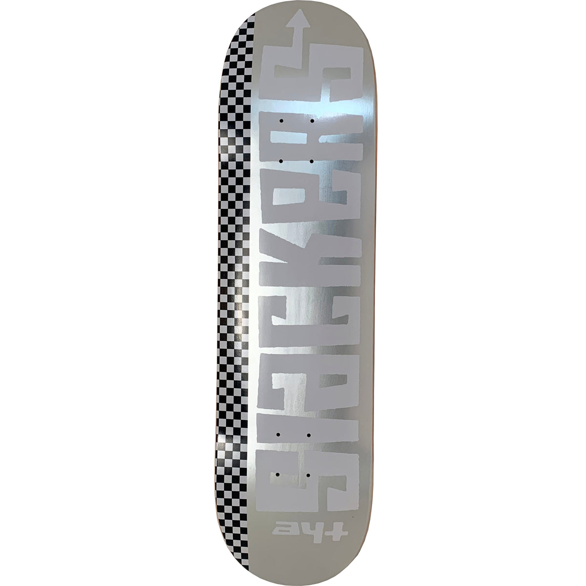 The Slackers skateboard features a silver metallic maple deck with bold SLACKERS lettering, black-and-white checkerboard edges, and a small ay+ logo at the bottom. It measures 8.5 x 32 inches.