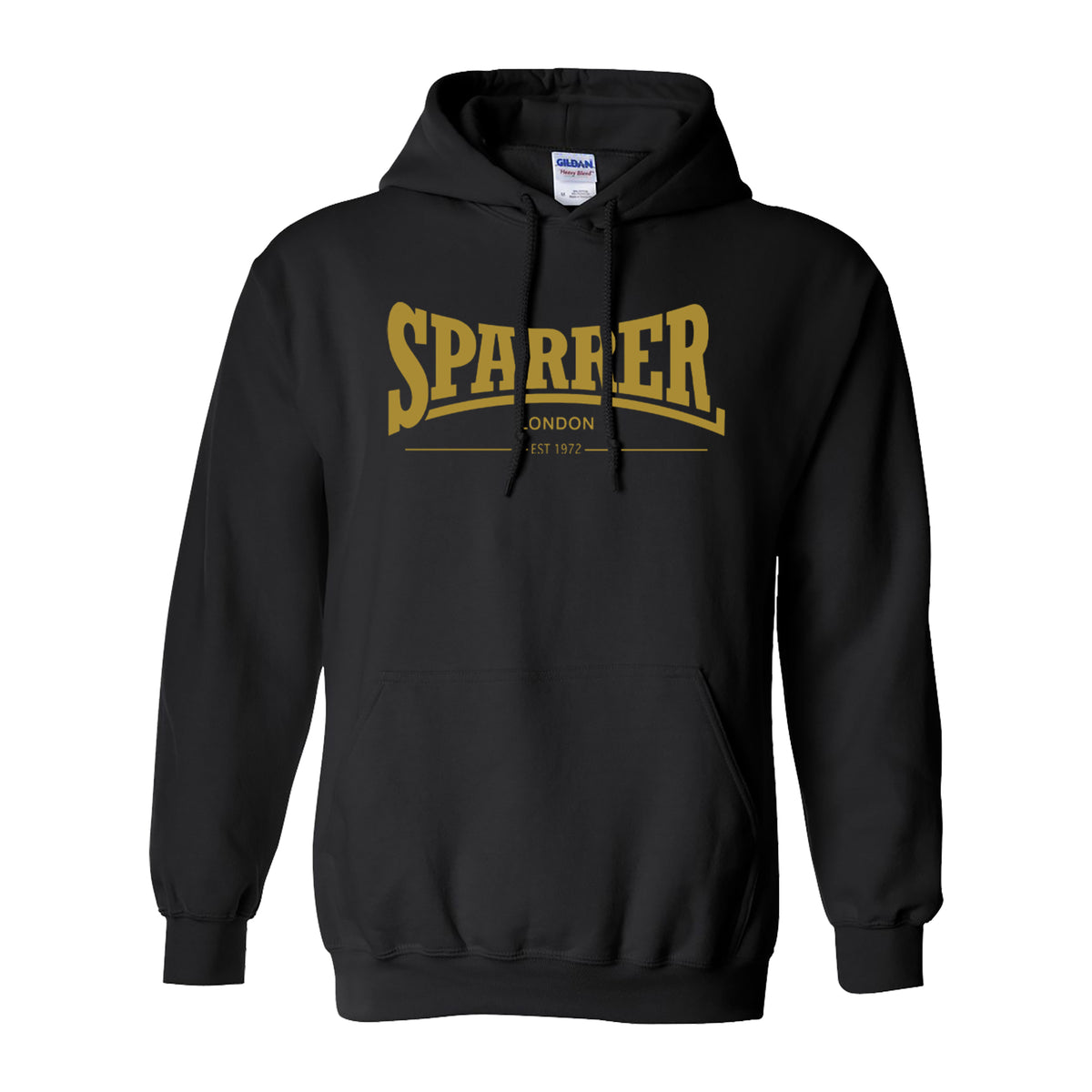 Black Cock Sparrer Gildan pullover hoodie with a front pocket, featuring &quot;SPARRER&quot; in large gold letters above the classic &quot;LONDON EST 1972&quot; London logo in smaller gold text.
