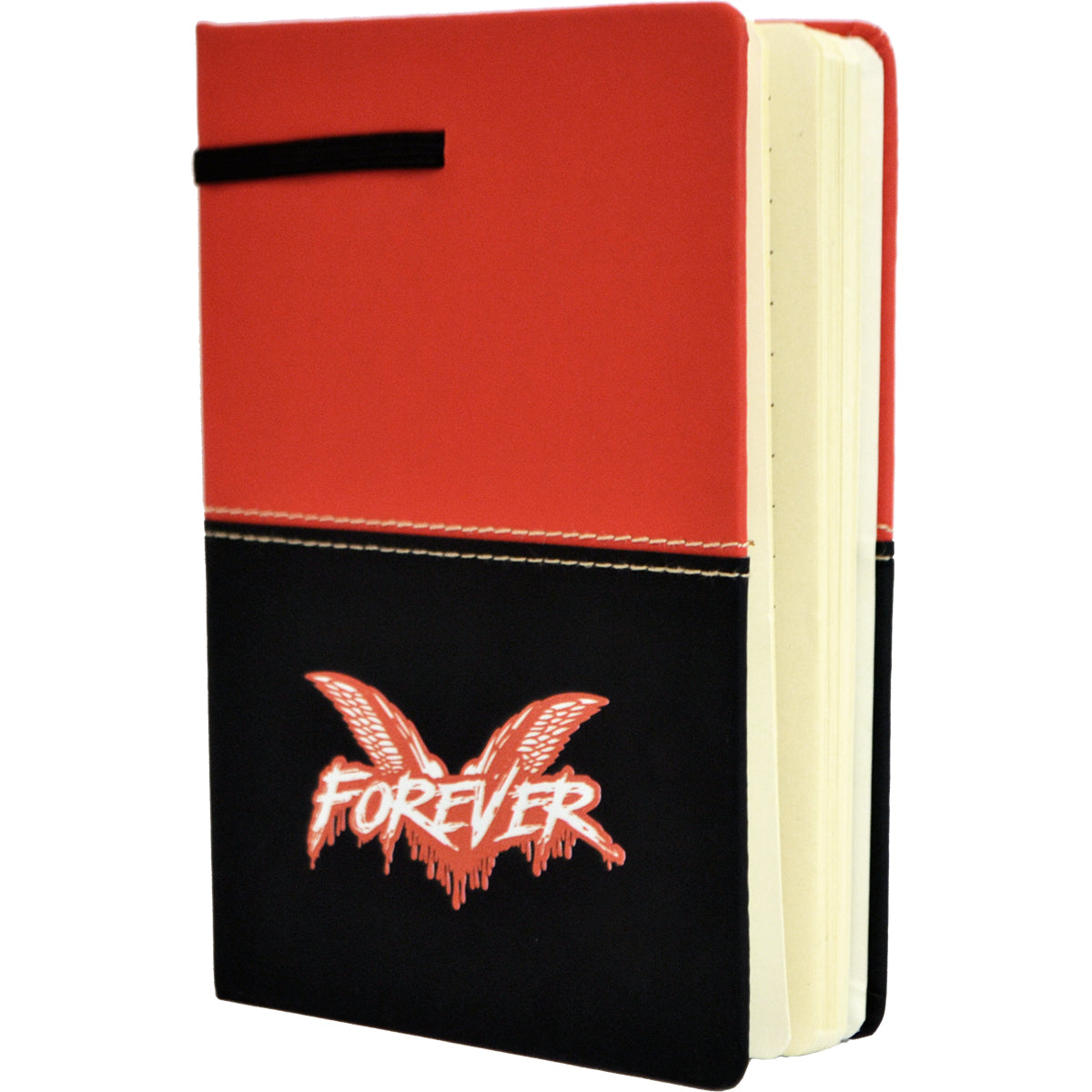 A hardcover Cock Sparrer journal with a red top half and black bottom half, featuring a bold white "FOREVER" logo over a winged design. Cream-colored lined pages are visible as the brand-name notebook is slightly open.