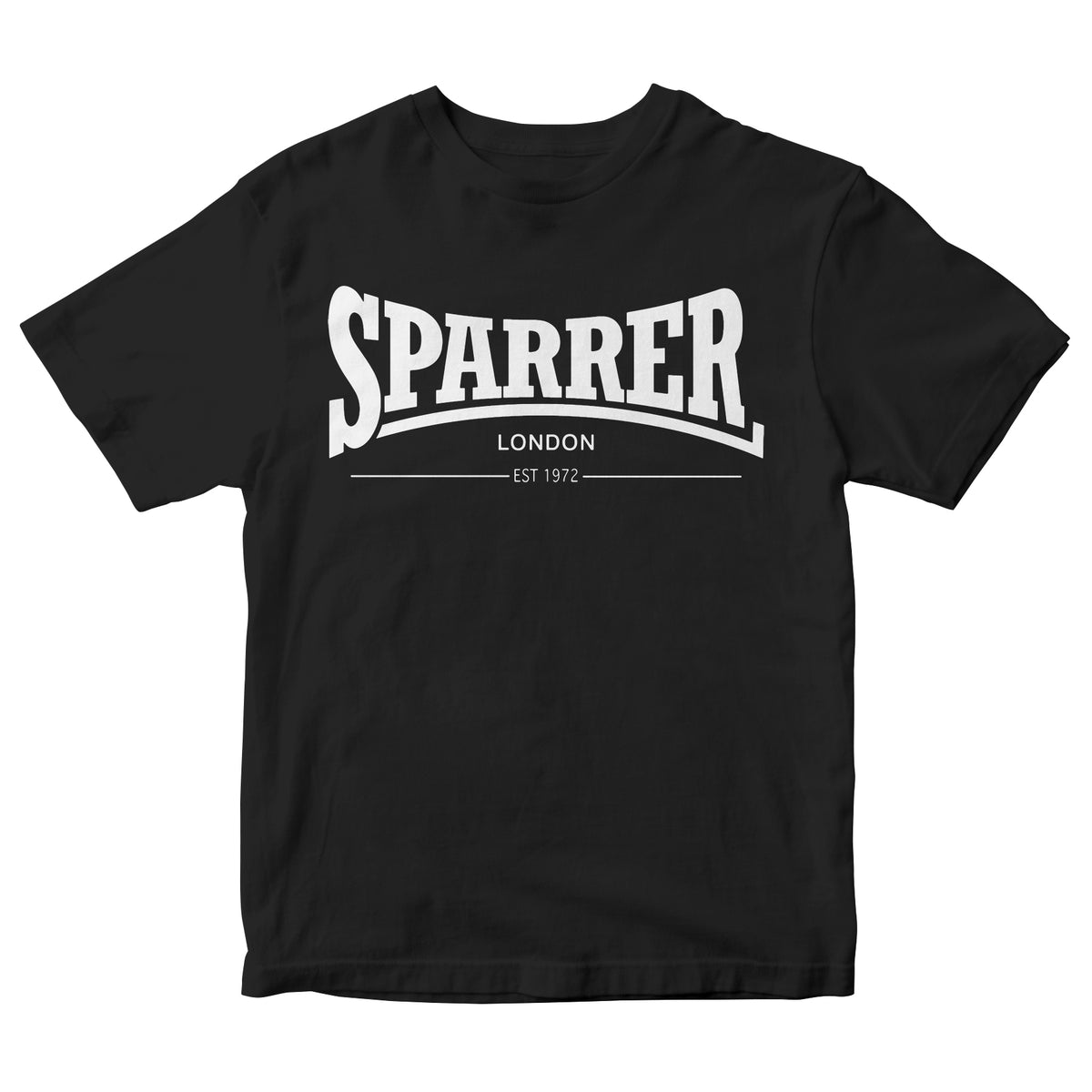 Black Cock Sparrer shirt featuring SPARRER in bold white letters, with LONDON and EST 1972 below. Printed on quality Next Level T-shirts for comfort and style. Brand: Cock Sparrer.