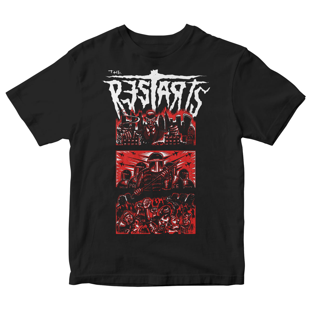 Black The Restarts T-shirt with the band’s name in jagged white font above three red-and-white protest panels, inspired by their EP cover. Union Made for quality and durability.