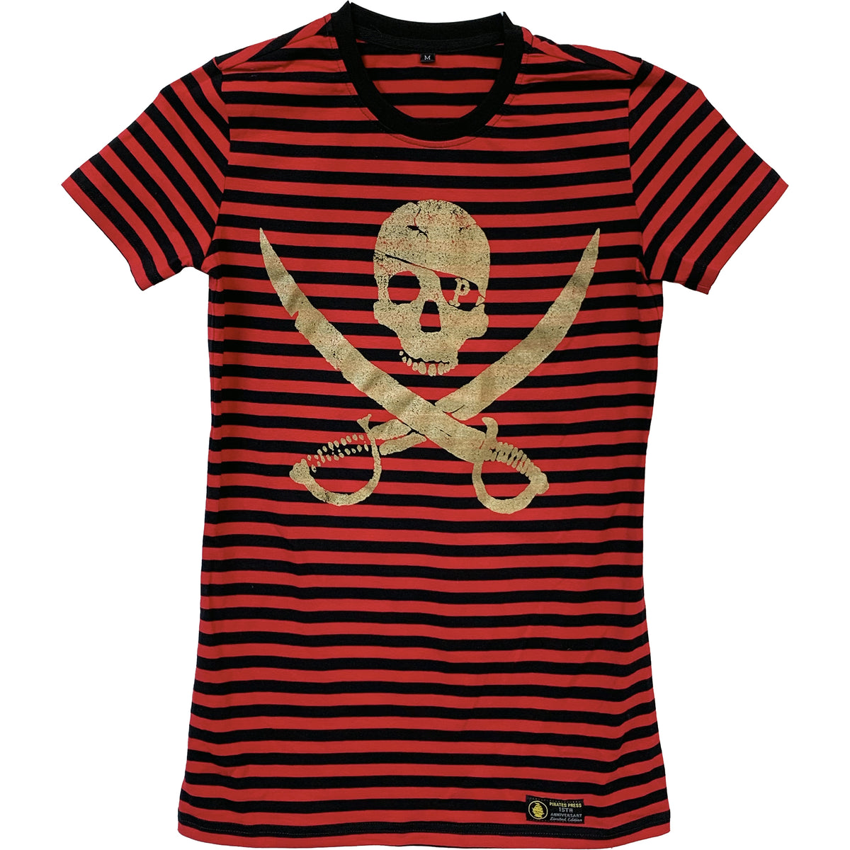 A red and black striped shirt from Pirates Press Records featuring a bold gold skull and crossed swords pirate logo on the front and a black collar—perfect for fans of adventurous style.