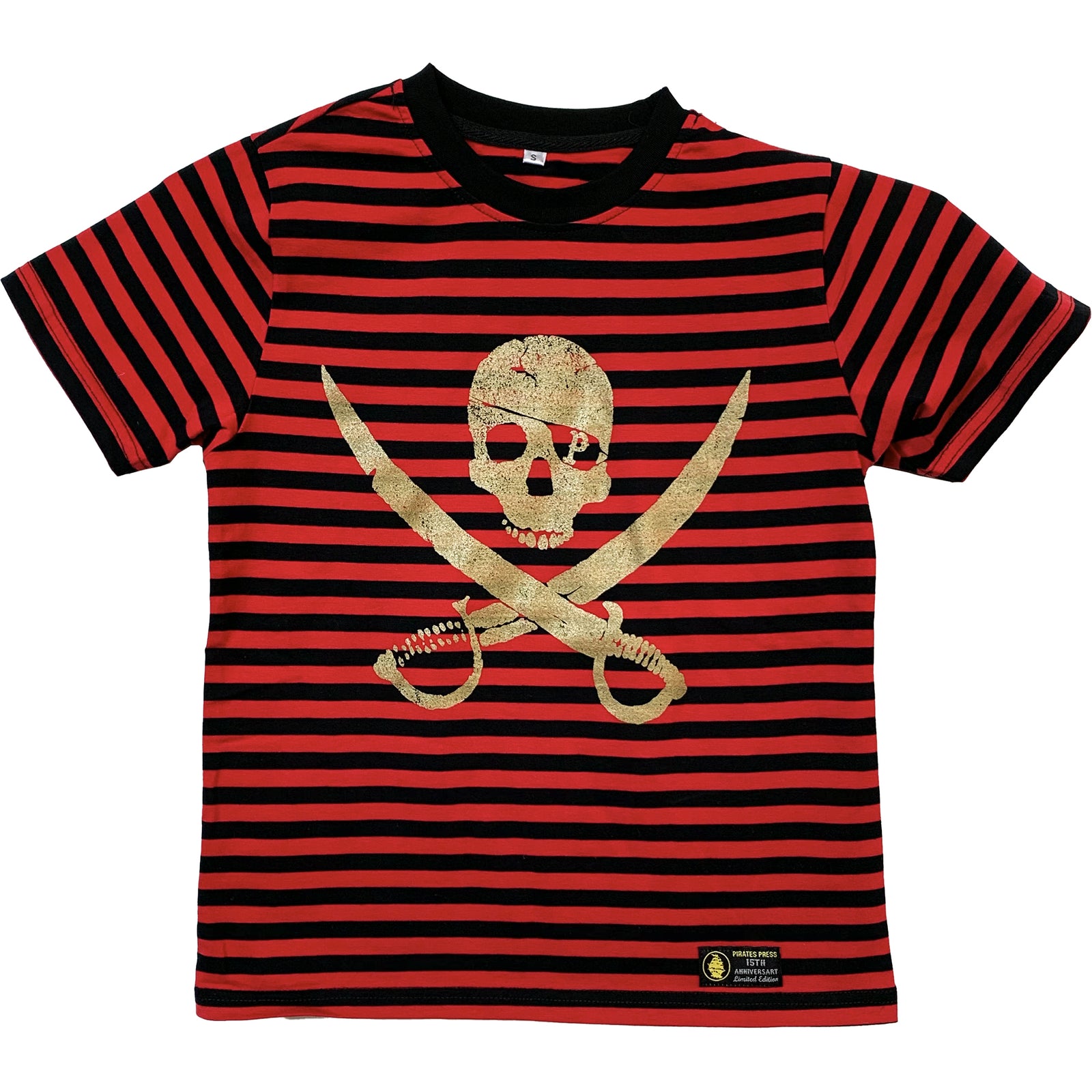 A red and black striped Pirates Press Records youth shirt featuring a gold skull and crossed swords pirate logo on the front, a black collar, and a small black patch near the hem—perfect for fans of the brand.