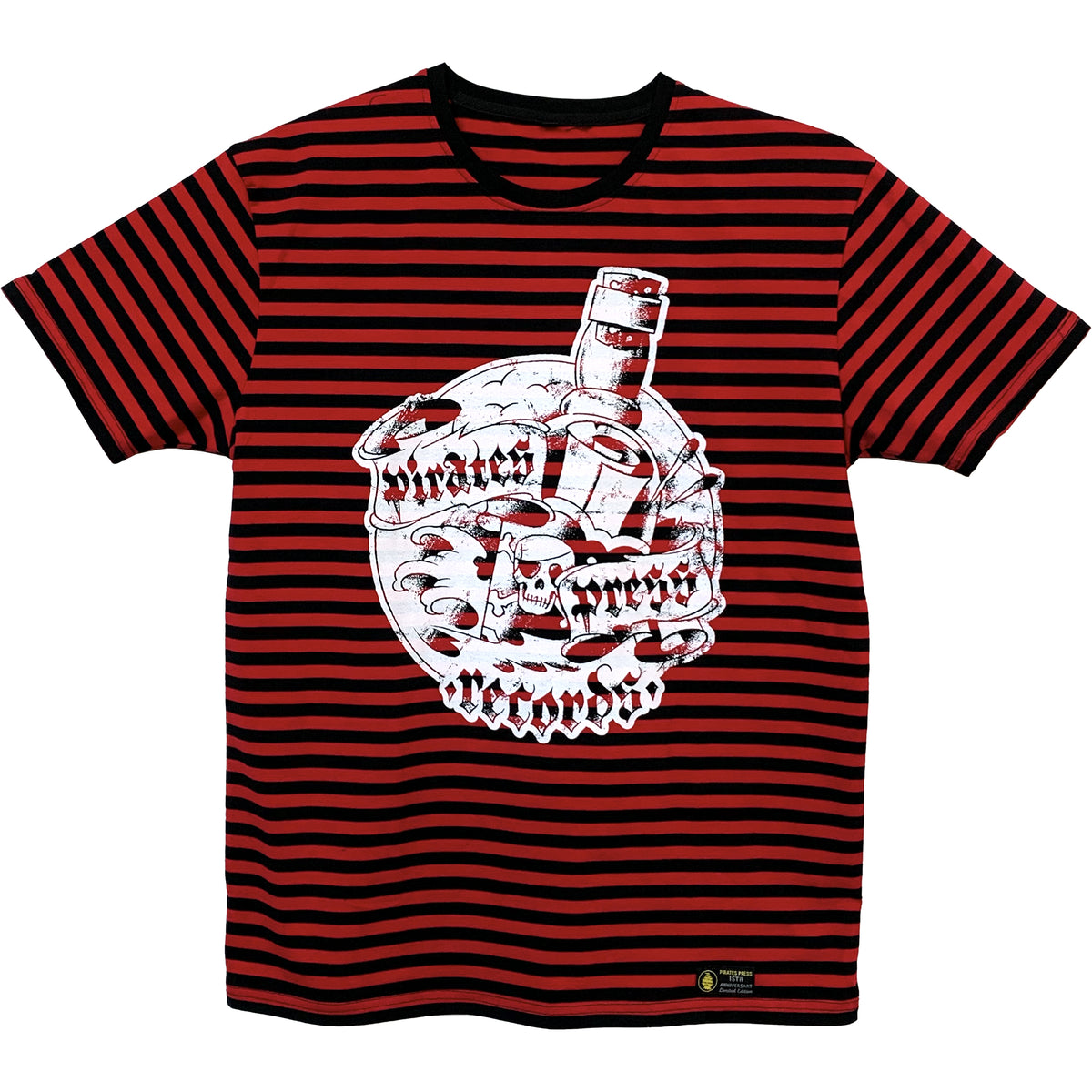 A red and black striped shirt with a black collar features a white graphic of skateboards, spray can, and graffiti-style Wheel Street Records text on the chest, branded by Pirates Press Records.