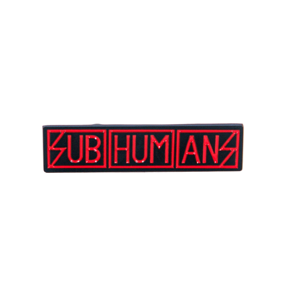 A rectangular black Subhumans pin featuring three red-outlined boxes with white stylized letters spelling &quot;SUBHUMANS&quot; in a punk-inspired font on a plain white background.