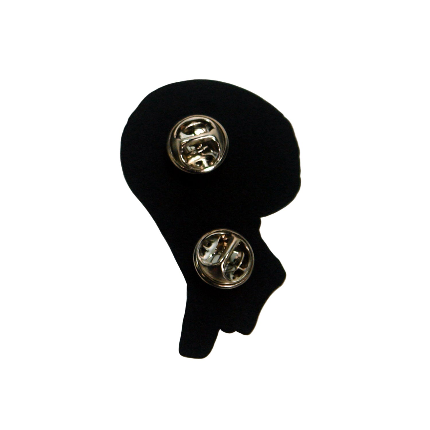 Black skull-shaped earring with gold accents on a white background