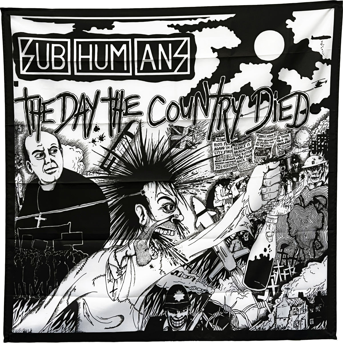 Black and white punk album art for Subhumans’ “The Day The Country Died” shows chaotic scenes, spiked-hair punks, a bottle, police, politicians, protest imagery, and a band flag under a graffiti-style title. Brand: Subhumans.