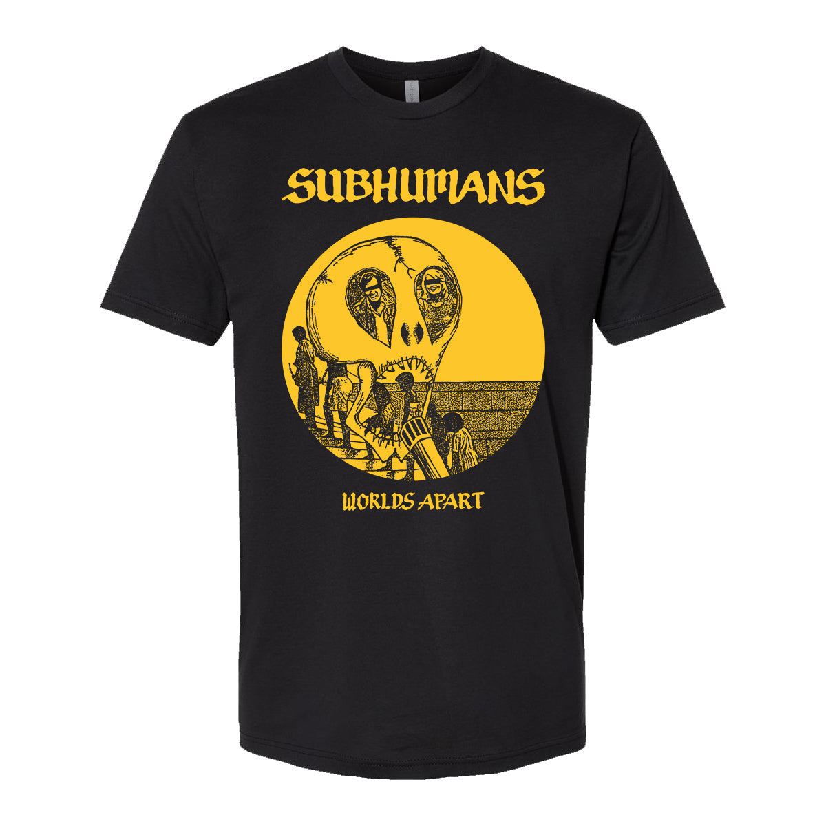 Black t-shirt by Subhumans with yellow discharge ink print: SUBHUMANS at the top, WORLDS APART at the bottom, and surreal face and figures on a circular background—ideal for any Subhumans fan.