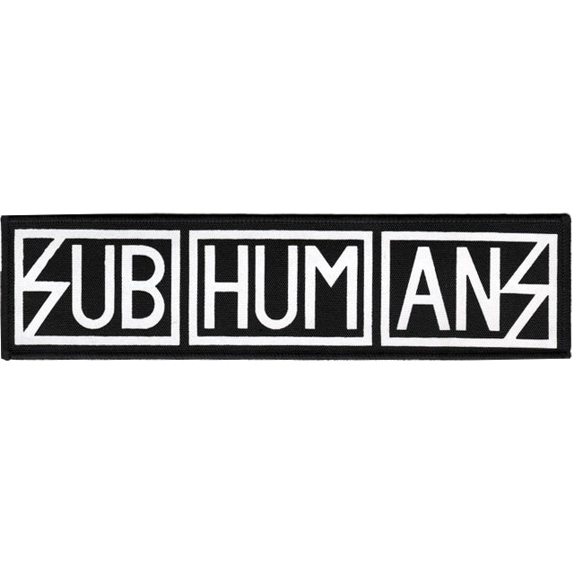 A black Subhumans patch with a screenprinted logo, split into three bold white boxes reading “SUB,” “HUM,” and “ANS” in stylized uppercase—an iconic accessory for fans.